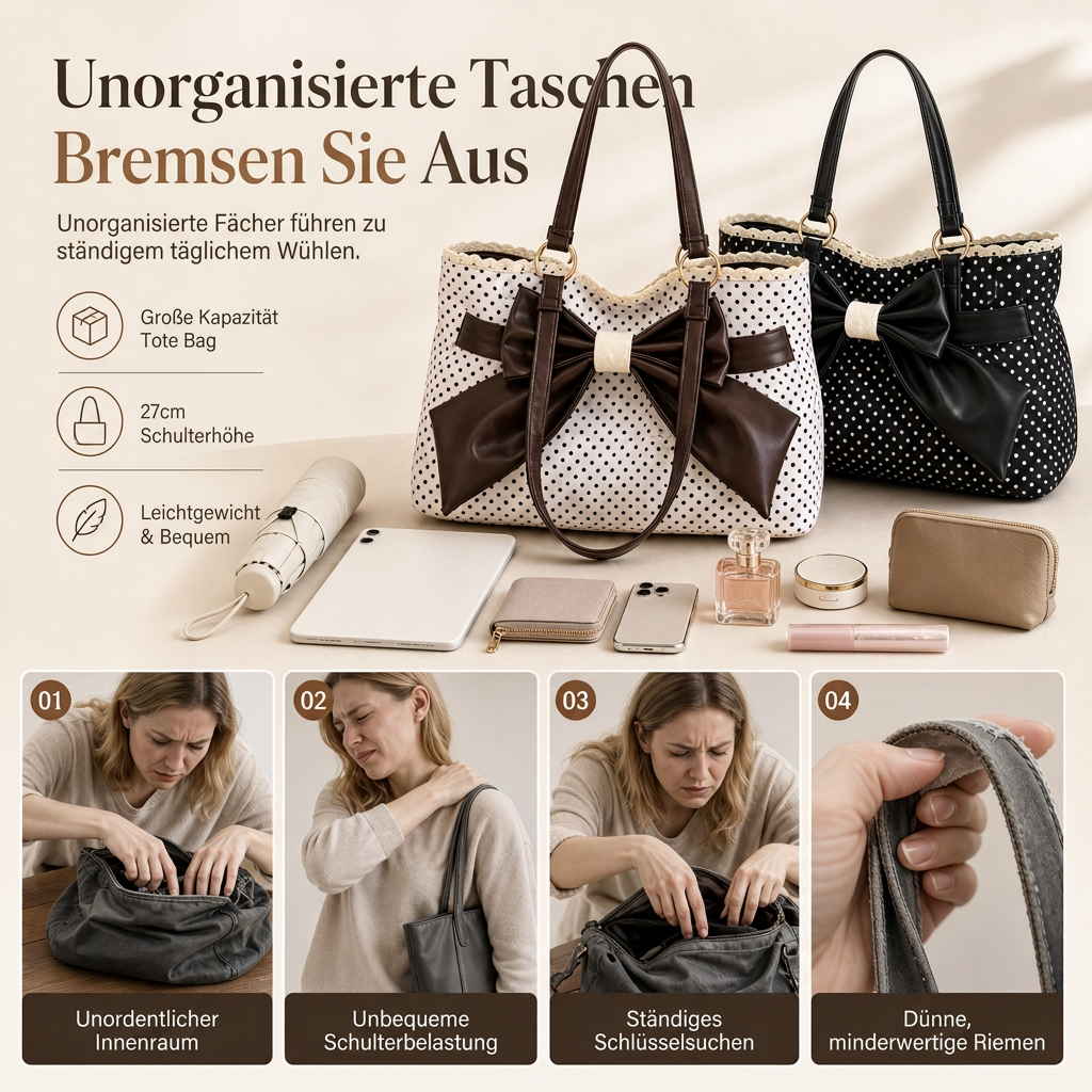 📢📢50% Rabatt!!! 🎉✨ Damen Schultertasche mit großem Fassungsvermögen, gepunktetem Design & Spitzenschleife