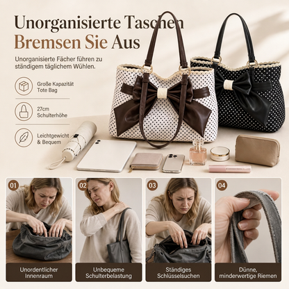 📢📢50% Rabatt!!! 🎉✨ Damen Schultertasche mit großem Fassungsvermögen, gepunktetem Design & Spitzenschleife