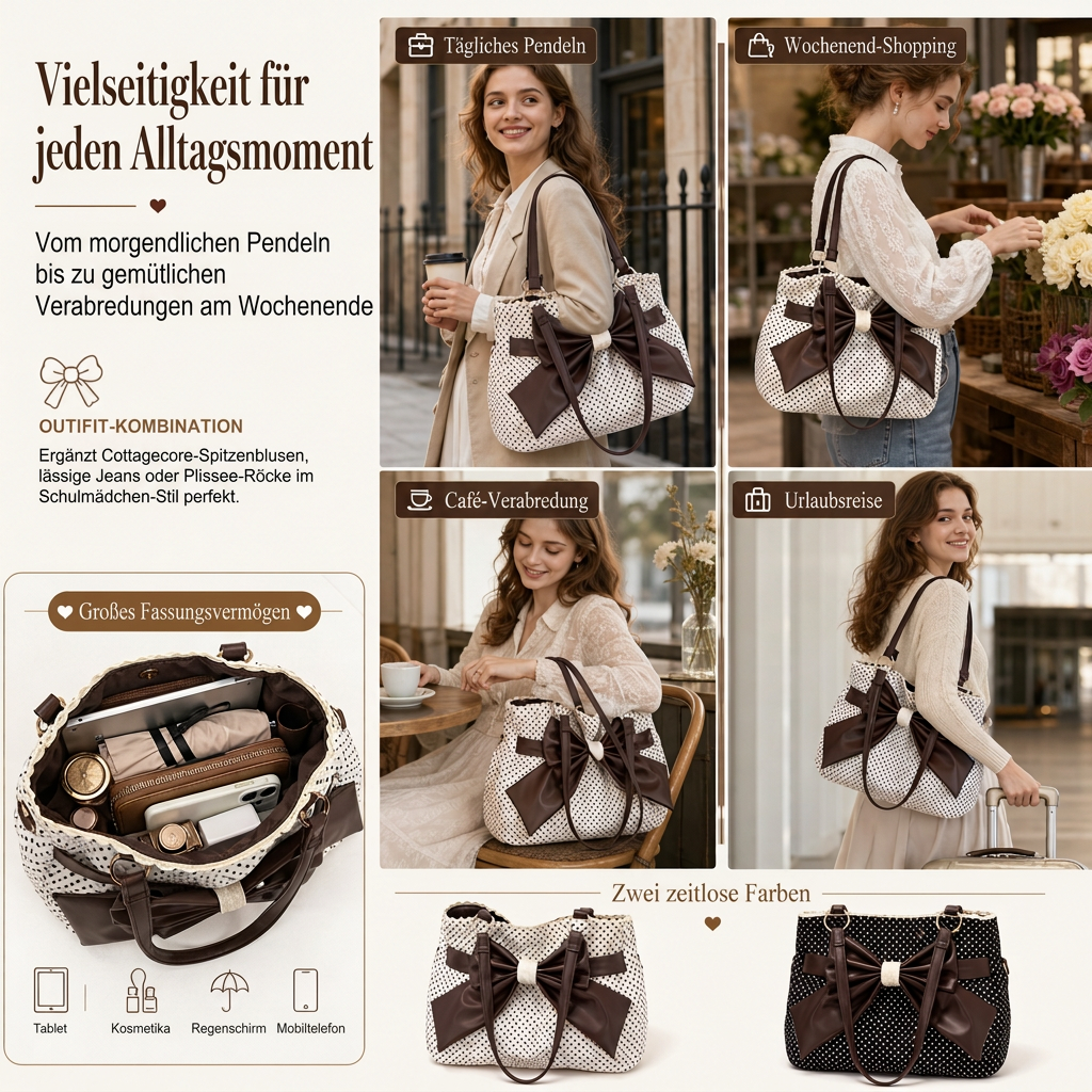 📢📢50% Rabatt!!! 🎉✨ Damen Schultertasche mit großem Fassungsvermögen, gepunktetem Design & Spitzenschleife