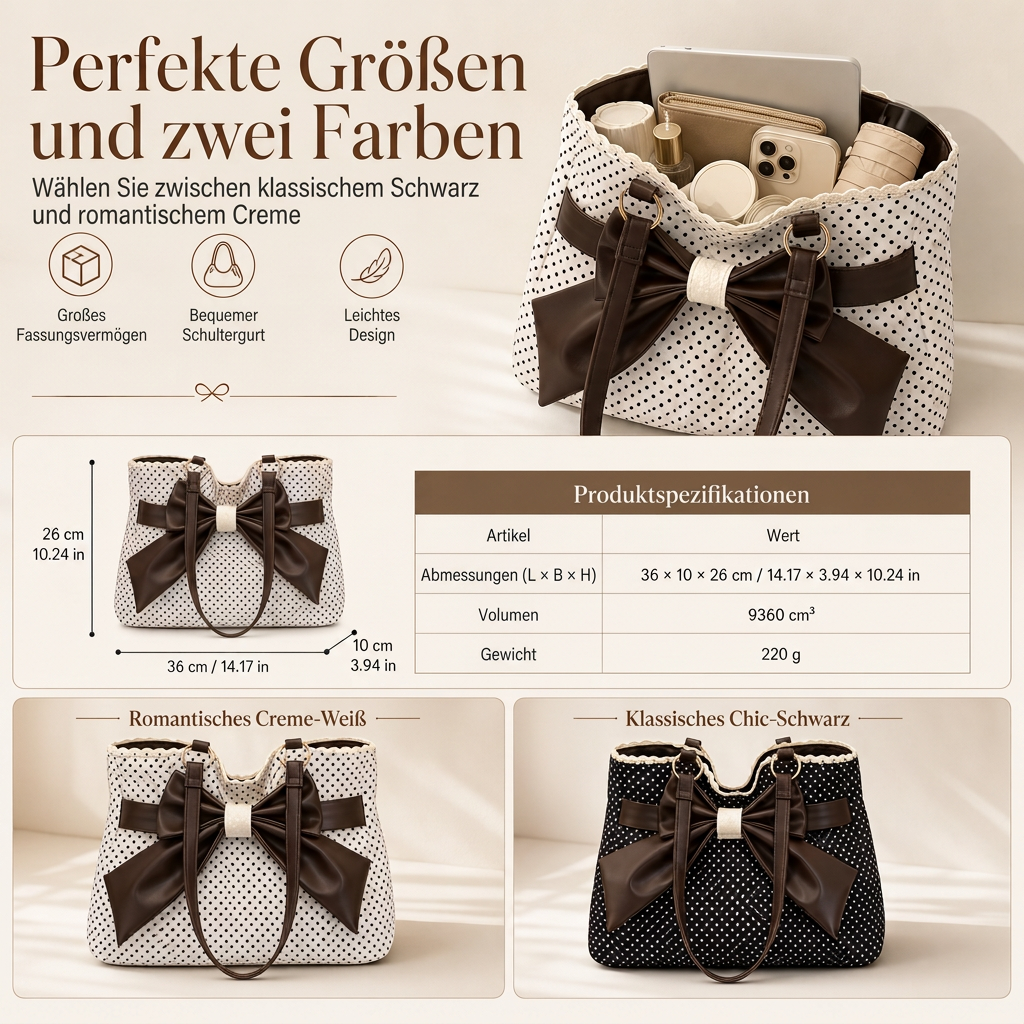 📢📢50% Rabatt!!! 🎉✨ Damen Schultertasche mit großem Fassungsvermögen, gepunktetem Design & Spitzenschleife