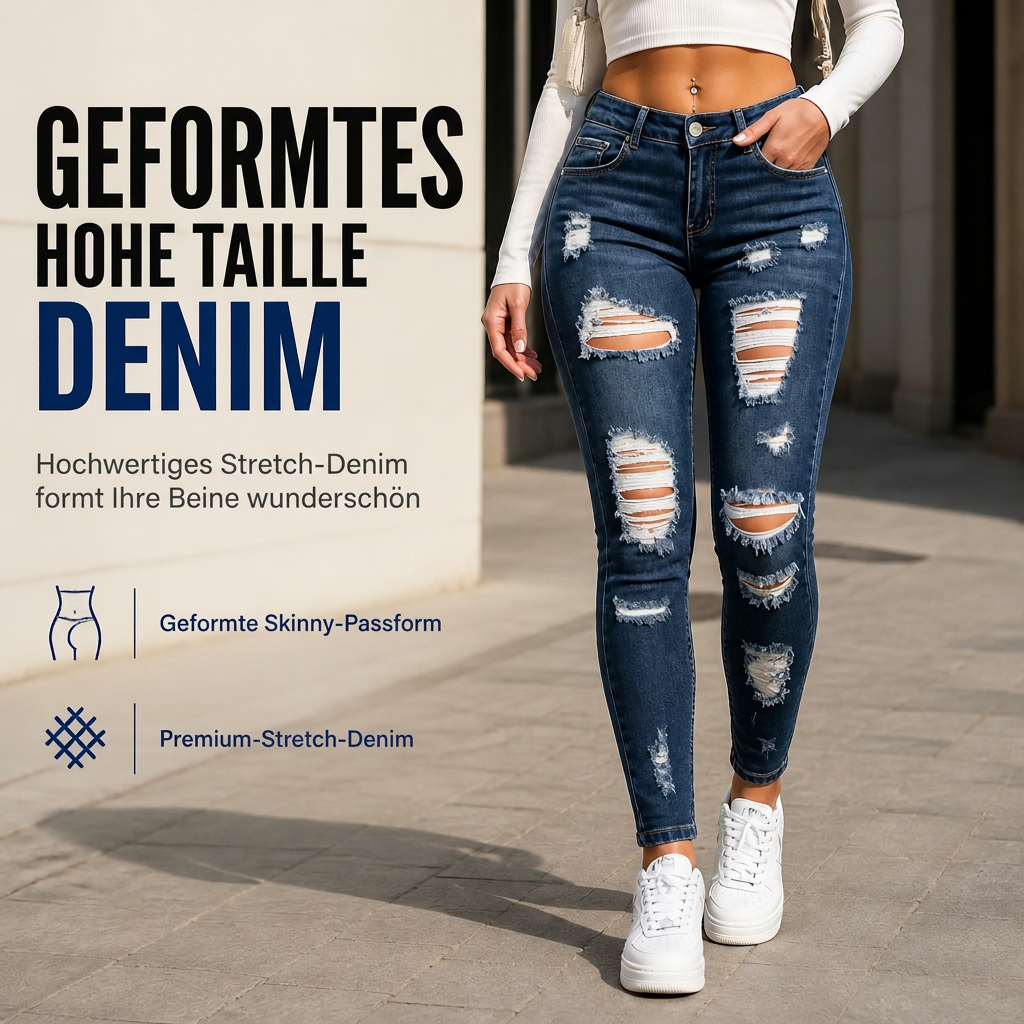 🔥Beliebtes Produkt✨Damen High Waist Ripped Skinny Jeans, Destroyed Dehnbare Denim-Hose