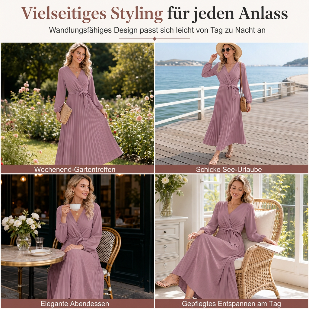 📢📢50% Rabatt!!! 🎉✨ Elegantes Damen-Maxikleid im Wickellook mit V-Ausschnitt & Falten