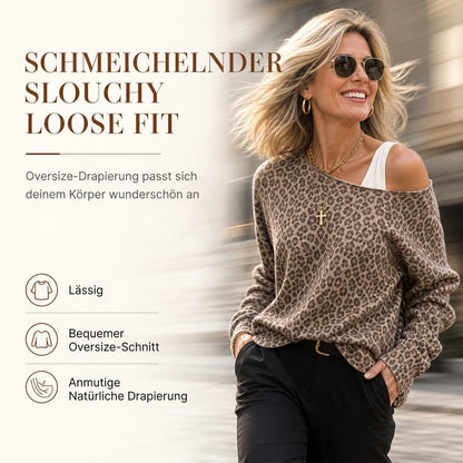 📢🎉50%Rabatt!!!🛍️✨Lässiges schulterfreies Sweatshirt mit Leopardenmuster, lockerer langärmeliger Baumwollmisch-Pullover