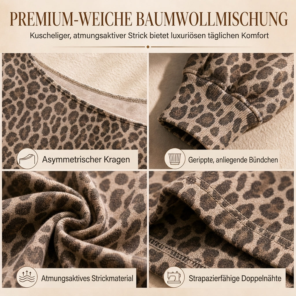 📢🎉50%Rabatt!!!🛍️✨Lässiges schulterfreies Sweatshirt mit Leopardenmuster, lockerer langärmeliger Baumwollmisch-Pullover