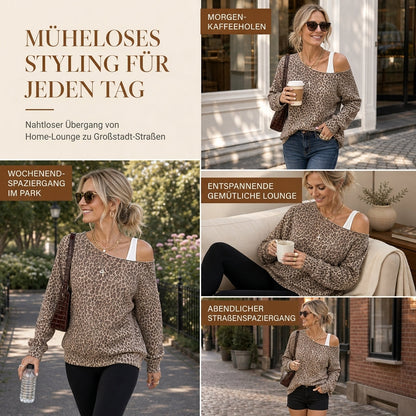 📢🎉50%Rabatt!!!🛍️✨Lässiges schulterfreies Sweatshirt mit Leopardenmuster, lockerer langärmeliger Baumwollmisch-Pullover