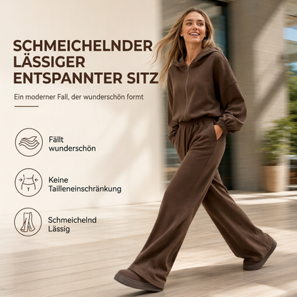 📢📢50%Rabatt!!!🎉✨Lässiges, weich gestricktes zweiteiliges Lounge-Set für Damen mit Kapuzen-Reißverschluss-Sweatshirt und Weithosenbein-Hose