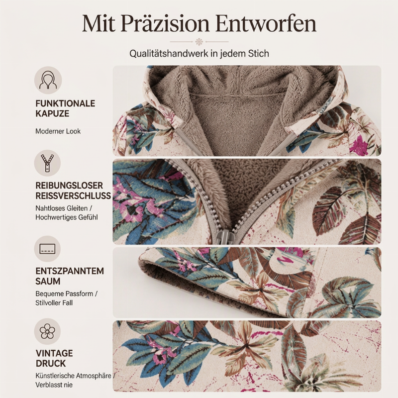 🍁 Damen Kapuzenmantel mit Vintage-Blättermuster – Lässig, warm & immer passend