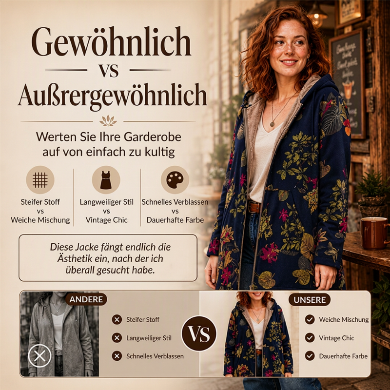 🍁 Damen Kapuzenmantel mit Vintage-Blättermuster – Lässig, warm & immer passend