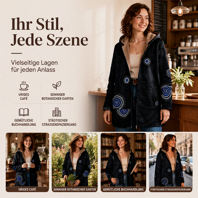 🍁 Damen Kapuzenmantel mit Vintage-Blättermuster – Lässig, warm & immer passend