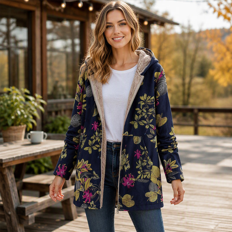 🍁 Damen Kapuzenmantel mit Vintage-Blättermuster – Lässig, warm & immer passend