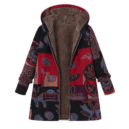 🍁 Damen Kapuzenmantel mit Vintage-Blättermuster – Lässig, warm & immer passend