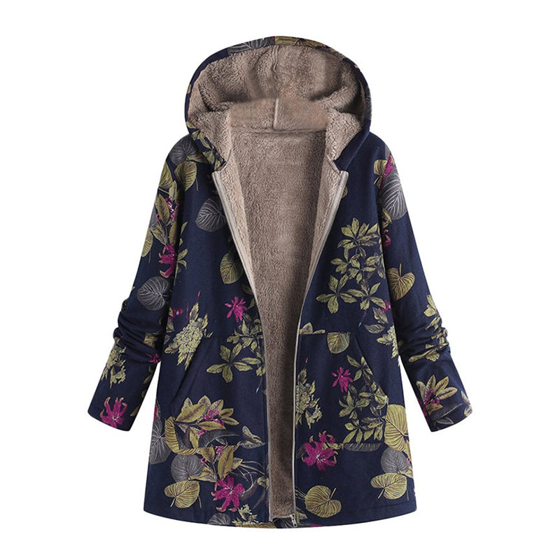 🍁 Damen Kapuzenmantel mit Vintage-Blättermuster – Lässig, warm & immer passend