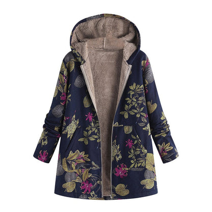 🍁 Damen Kapuzenmantel mit Vintage-Blättermuster – Lässig, warm & immer passend