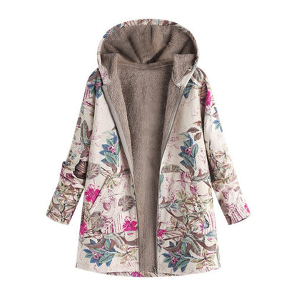 🍁 Damen Kapuzenmantel mit Vintage-Blättermuster – Lässig, warm & immer passend