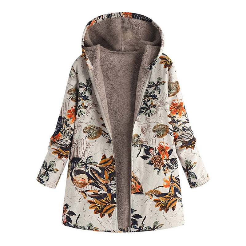 🍁 Damen Kapuzenmantel mit Vintage-Blättermuster – Lässig, warm & immer passend