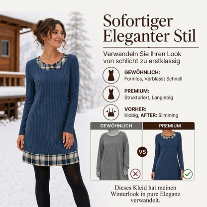 🧶 Damen-Strickkleid mit Karomuster im Patchwork-Design – Lässig, weich & immer passend