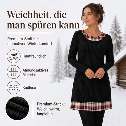 🧶 Damen-Strickkleid mit Karomuster im Patchwork-Design – Lässig, weich & immer passend
