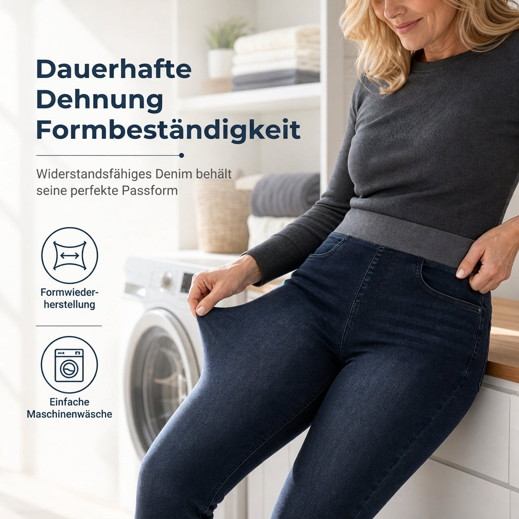 🔥Beliebtes Produkt ！✨Damen-Jeans mit hoher Leibhöhe, Schlupfbund, Slim Fit, Dunkelwaschung und breitem elastischem Bund