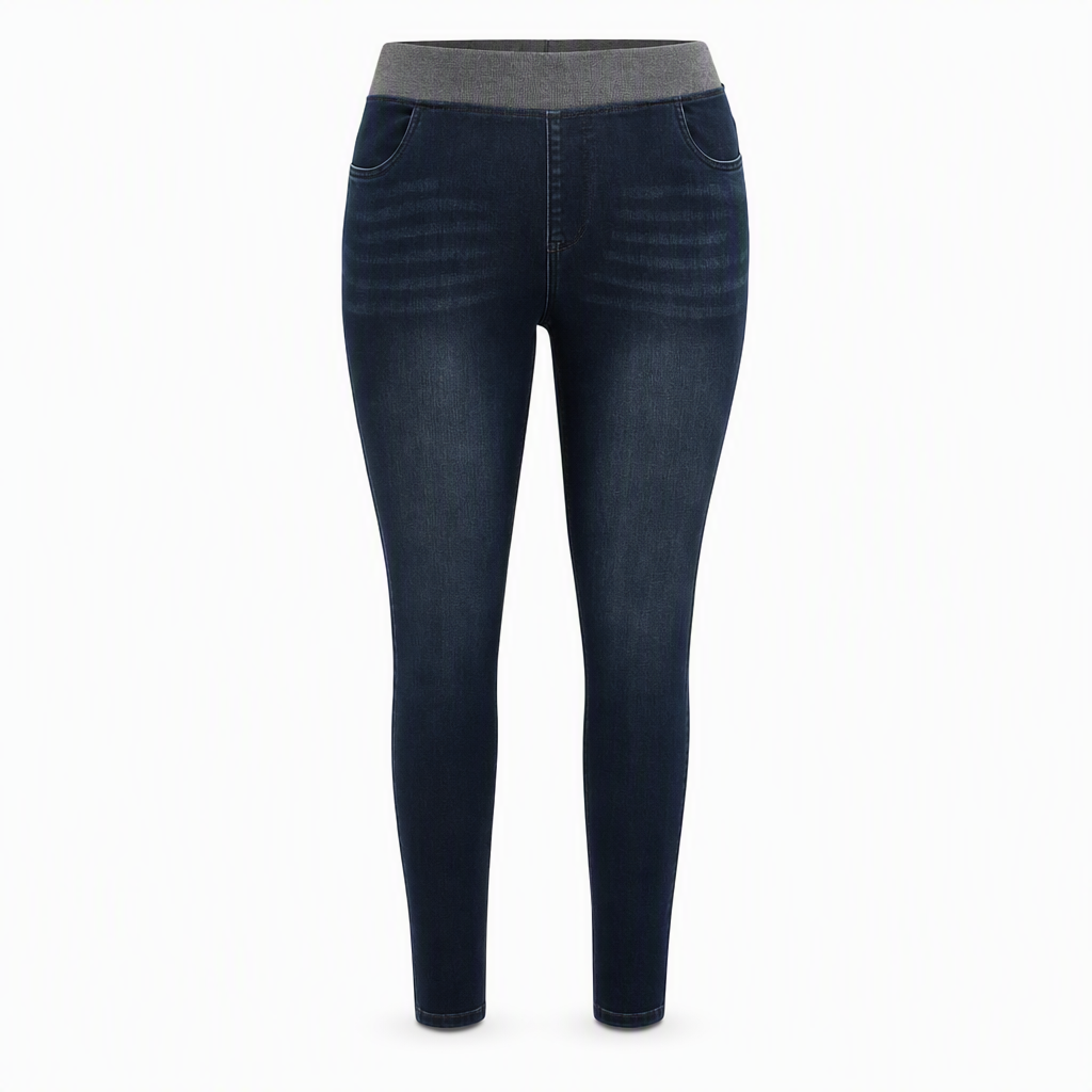 🔥Beliebtes Produkt ！✨Damen-Jeans mit hoher Leibhöhe, Schlupfbund, Slim Fit, Dunkelwaschung und breitem elastischem Bund