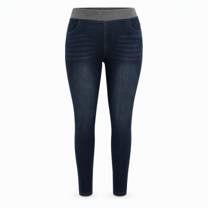 🔥Beliebtes Produkt ！✨Damen-Jeans mit hoher Leibhöhe, Schlupfbund, Slim Fit, Dunkelwaschung und breitem elastischem Bund