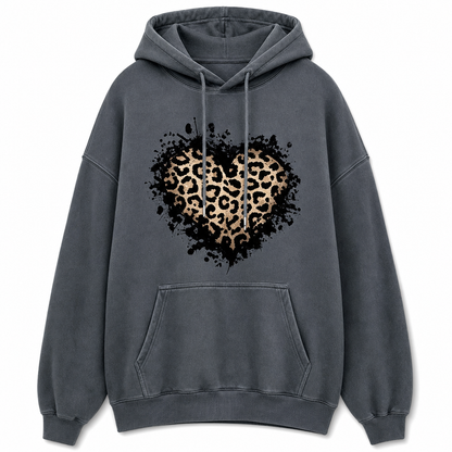 🔥Beliebtes Produkt ！✨Legeres Fleece-Hoodie für Damen mit Leopardenherz-Motiv und Kängurutasche