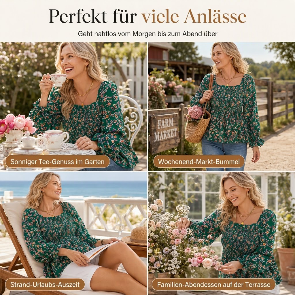 📢🎉50%Rabatt!!!🛍️✨Lässige Damen-Bluse mit quadratischem Ausschnitt, ausgestellten Ärmeln und Blumenmuster aus Chiffon, Ferien-Top
