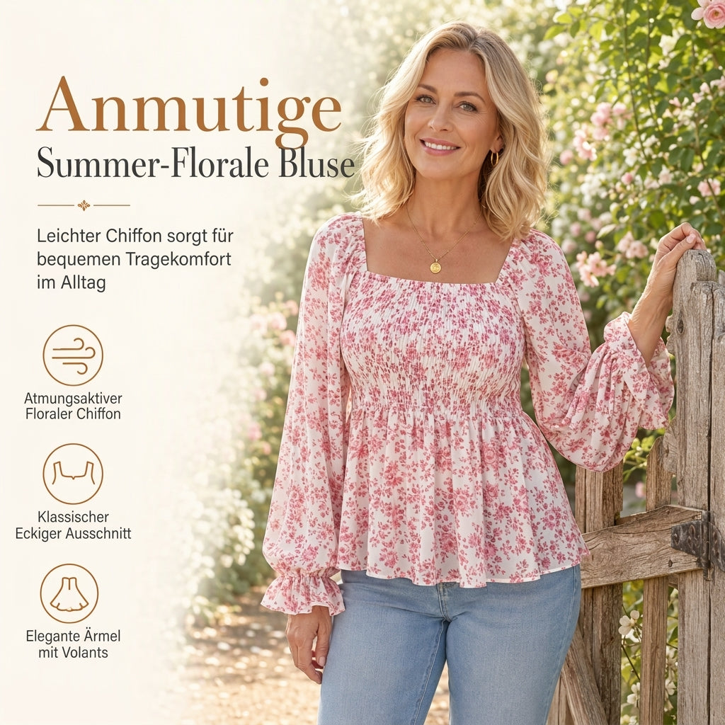 📢🎉50%Rabatt!!!🛍️✨Lässige Damen-Bluse mit quadratischem Ausschnitt, ausgestellten Ärmeln und Blumenmuster aus Chiffon, Ferien-Top