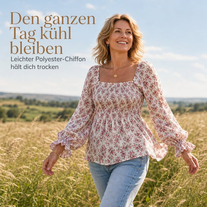 📢🎉50%Rabatt!!!🛍️✨Lässige Damen-Bluse mit quadratischem Ausschnitt, ausgestellten Ärmeln und Blumenmuster aus Chiffon, Ferien-Top