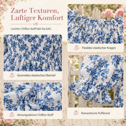 📢🎉50%Rabatt!!!🛍️✨Lässige Damen-Bluse mit quadratischem Ausschnitt, ausgestellten Ärmeln und Blumenmuster aus Chiffon, Ferien-Top