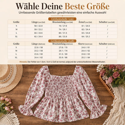 📢🎉50%Rabatt!!!🛍️✨Lässige Damen-Bluse mit quadratischem Ausschnitt, ausgestellten Ärmeln und Blumenmuster aus Chiffon, Ferien-Top