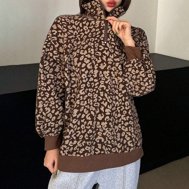 🐆 Damen Sweatshirt mit Leopardenmuster & Viertelreißverschluss – Lässig, bequem & immer passend