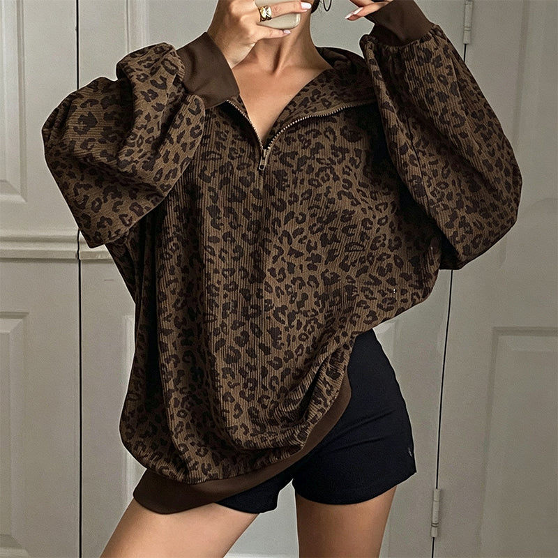 🐆 Damen Sweatshirt mit Leopardenmuster & Viertelreißverschluss – Lässig, bequem & immer passend