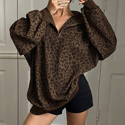 🐆 Damen Sweatshirt mit Leopardenmuster & Viertelreißverschluss – Lässig, bequem & immer passend