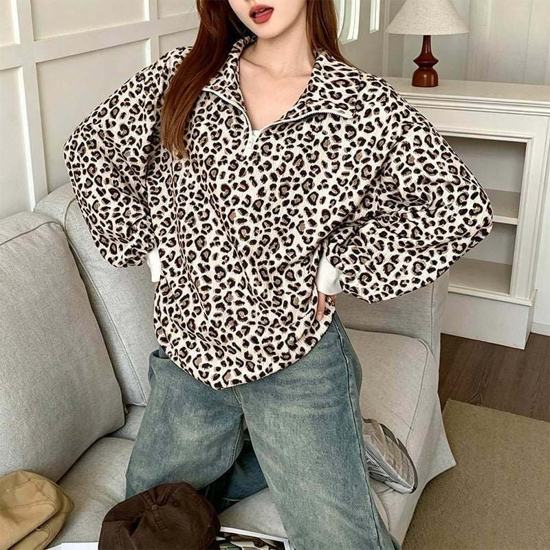 🐆 Damen Sweatshirt mit Leopardenmuster & Viertelreißverschluss – Lässig, bequem & immer passend