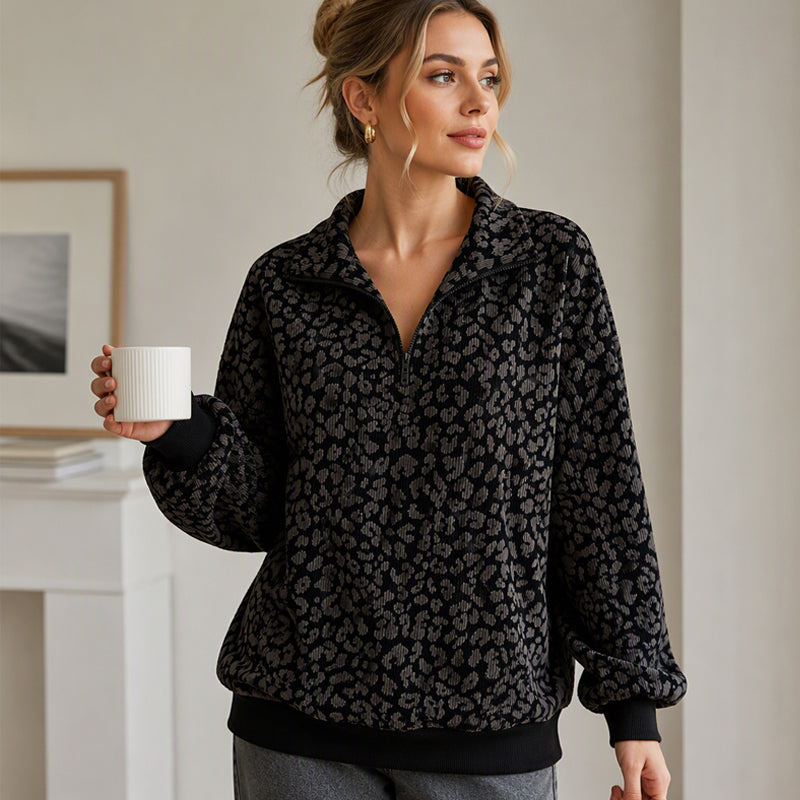 🐆 Damen Sweatshirt mit Leopardenmuster & Viertelreißverschluss – Lässig, bequem & immer passend