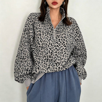 🐆 Damen Sweatshirt mit Leopardenmuster & Viertelreißverschluss – Lässig, bequem & immer passend