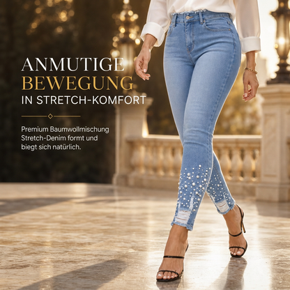 📢📢50%Rabatt!!!🎉✨Damen hellblaue, perlenverzierte Skinny-Jeans mit schmaler Passform, roh ausgefranstem Bund und distressed-Rissen an den Saumbündchen am Knöchel
