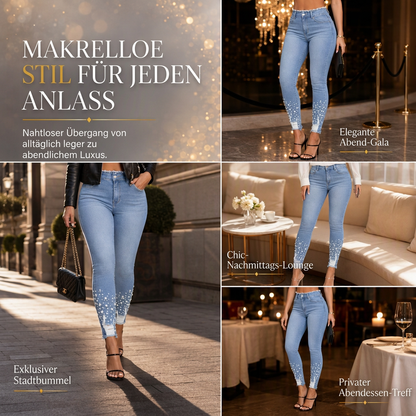 📢📢50%Rabatt!!!🎉✨Damen hellblaue, perlenverzierte Skinny-Jeans mit schmaler Passform, roh ausgefranstem Bund und distressed-Rissen an den Saumbündchen am Knöchel