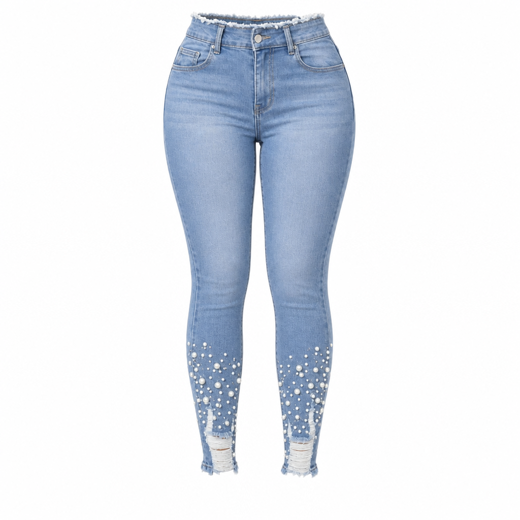 📢📢50%Rabatt!!!🎉✨Damen hellblaue, perlenverzierte Skinny-Jeans mit schmaler Passform, roh ausgefranstem Bund und distressed-Rissen an den Saumbündchen am Knöchel