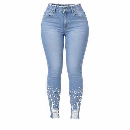 📢📢50%Rabatt!!!🎉✨Damen hellblaue, perlenverzierte Skinny-Jeans mit schmaler Passform, roh ausgefranstem Bund und distressed-Rissen an den Saumbündchen am Knöchel