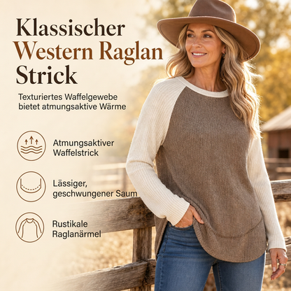 📢🎉50%Rabatt!!!🛍️🤠 Damen Western Ranch-Stil Raglan-Strickoberteil – Strukturiert, bequem & immer passend