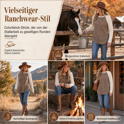 📢🎉50%Rabatt!!!🛍️🤠 Damen Western Ranch-Stil Raglan-Strickoberteil – Strukturiert, bequem & immer passend