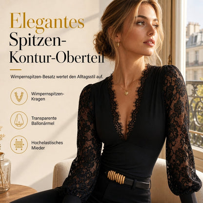 📢📢50%Rabatt!!!🎉✨Damen Spitzenoberteil mit tiefem V-Ausschnitt und langen Ärmeln