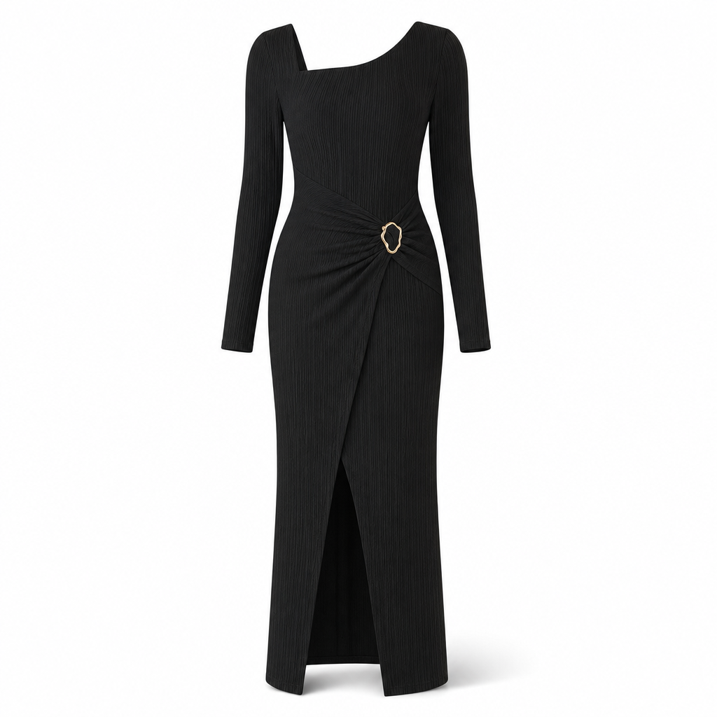 📢📢50%Rabatt!!!🎉✨Damen Herbst Winter Einfarbiges Stricktextur Langes Kleid mit Unregelmäßigem Ausschnitt