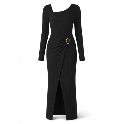 📢📢50%Rabatt!!!🎉✨Damen Herbst Winter Einfarbiges Stricktextur Langes Kleid mit Unregelmäßigem Ausschnitt