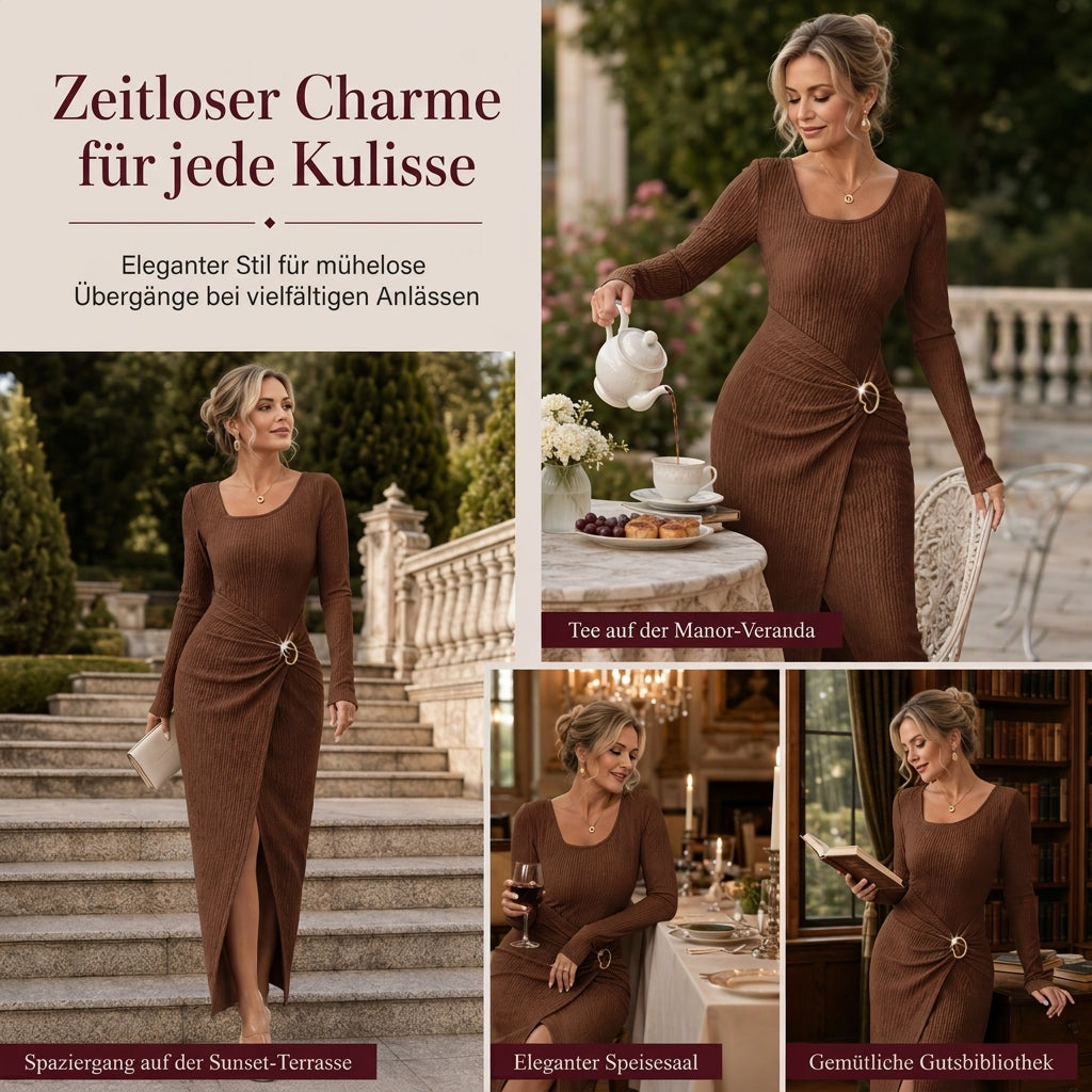 📢📢50%Rabatt!!!🎉✨Damen Herbst Winter Einfarbiges Stricktextur Langes Kleid mit Unregelmäßigem Ausschnitt