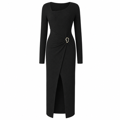 📢📢50%Rabatt!!!🎉✨Damen Herbst Winter Einfarbiges Stricktextur Langes Kleid mit Unregelmäßigem Ausschnitt