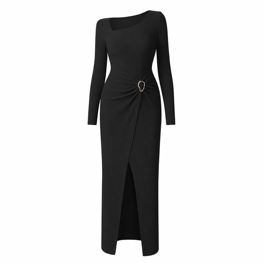 📢📢50%Rabatt!!!🎉✨Damen Herbst Winter Einfarbiges Stricktextur Langes Kleid mit Unregelmäßigem Ausschnitt