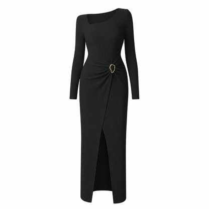 📢📢50%Rabatt!!!🎉✨Damen Herbst Winter Einfarbiges Stricktextur Langes Kleid mit Unregelmäßigem Ausschnitt
