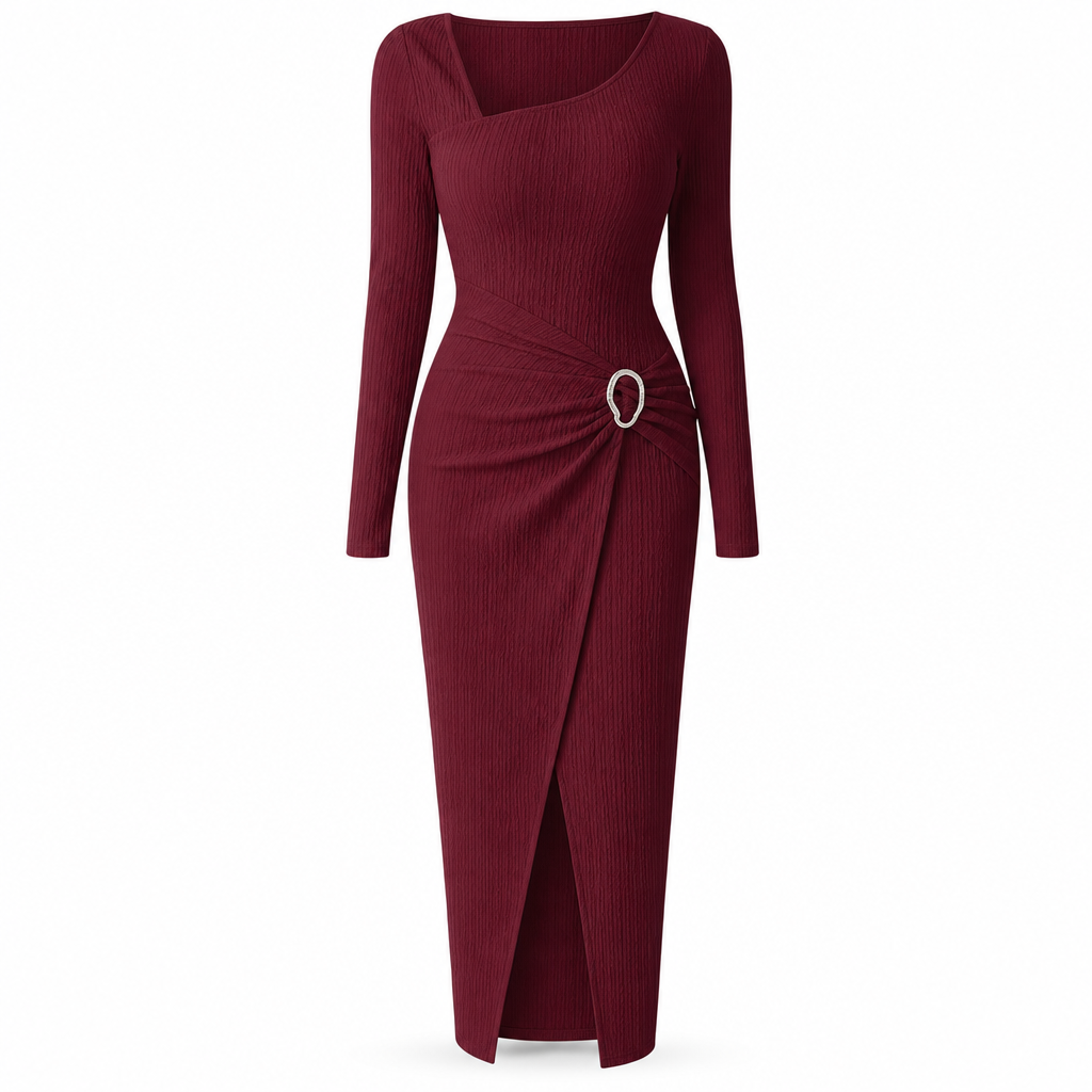 📢📢50%Rabatt!!!🎉✨Damen Herbst Winter Einfarbiges Stricktextur Langes Kleid mit Unregelmäßigem Ausschnitt